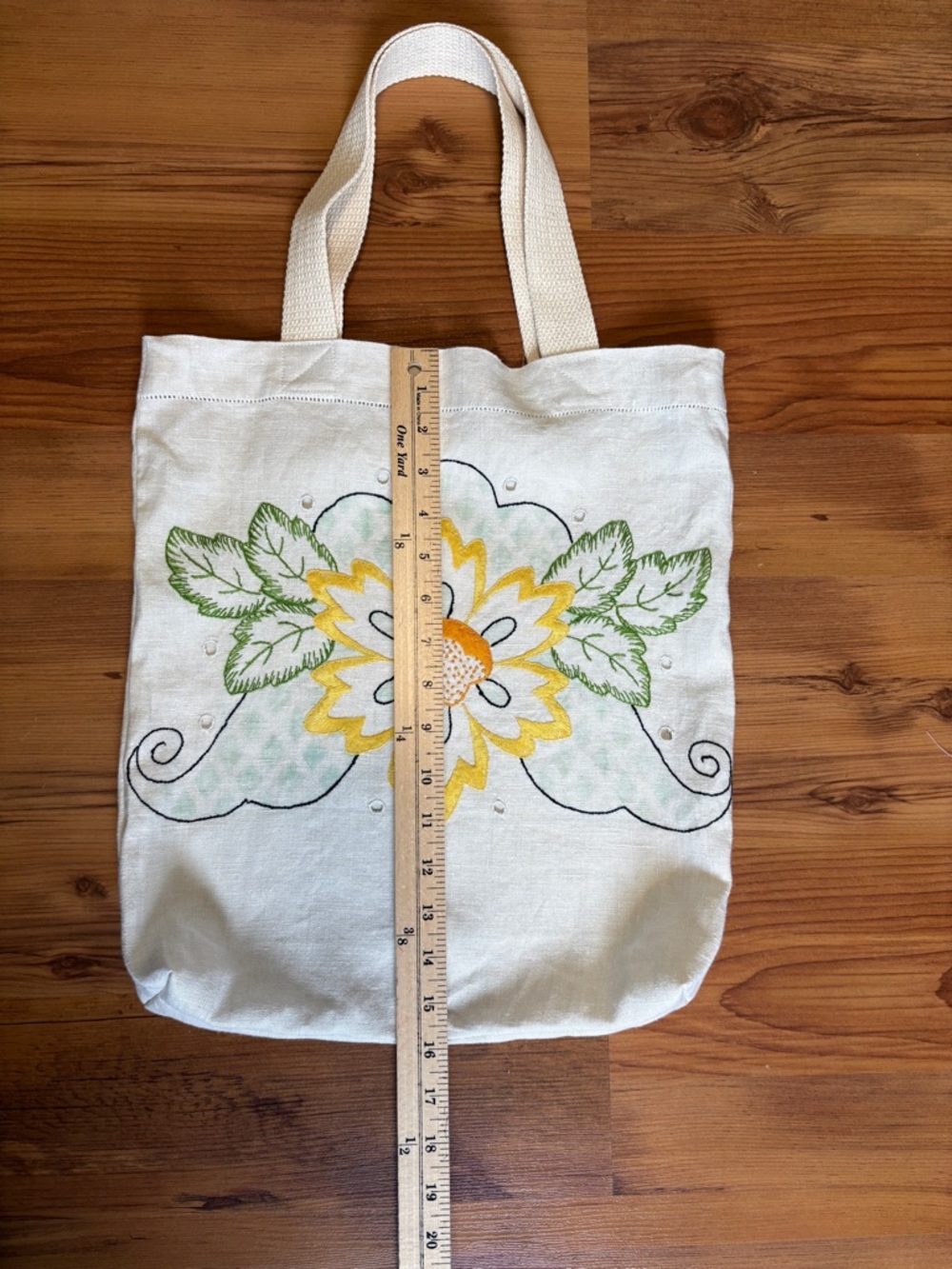 Linen Embroidered Floral Tote Bag in Cream and Yellow - Picture 7 of 10